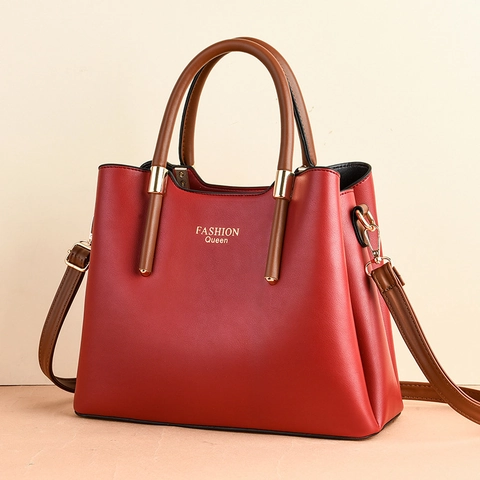 Large Capacity PU Leather Handbag For Women Contrast Color Handles Detachable Strap Fashion Queen Commuter Crossbody Bag