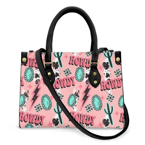 Western Cowboy Print PU Leather Handbag For Women Vintage Bohemian Tote Crossbody Bag With Gold Rivets