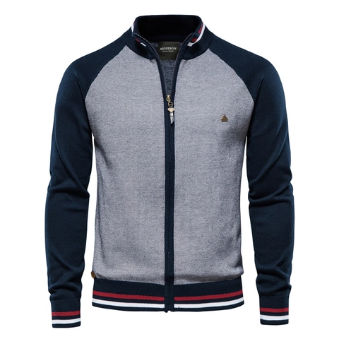 Cardigan in Maglia da Uomo Collo in Piedi Blocco di Colore Maglione Slim Fit Manica Lunga Giacca in Misto Cotone per Ragazzi