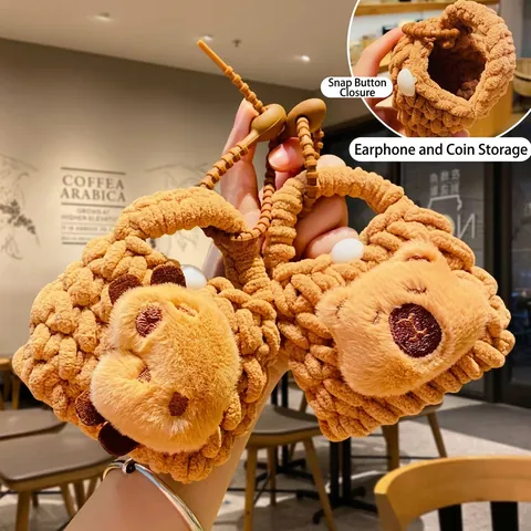Knitted Earphone Pouch Cartoon Animal Keychain Plush Handcrafted Bag Charm Mini Coin Purse For Women Girls