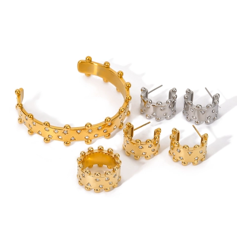Geometrischer Stern Dreieck Strass Armreif Ring Und C Form Ohrringe 18K Vergoldeter Edelstahl Schmuck Für Damen