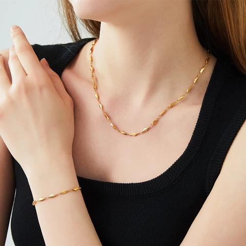 Titanium Steel Geometric Rhombus Chain Necklace Bracelet Set 18K Gold Plated Handcrafted Jewelry For Women Daily Gift