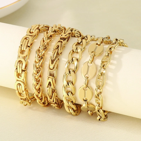 Stainless Steel Gold Plated Chain Link Bracelet For Men Women Retro Hip Hop Byzantine Cuban Style Adjustable Jewelry