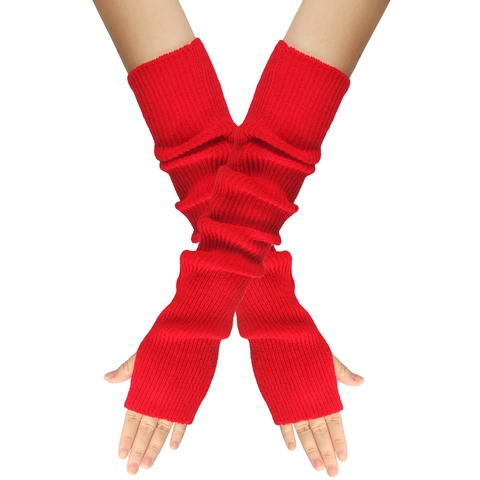 Long Arm Warmers Ribbed Knit Acrylic Fingerless Gloves Thumb Hole Thermal Elastic Solid Color Winter Fashion Accessory