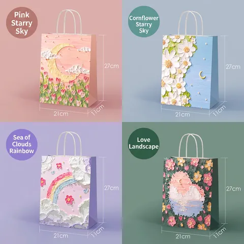 Artistic Oil Painting Style Paper Gift Bags With Handles Impasto Flower Starry Sky Pattern For Birthday Christmas Party