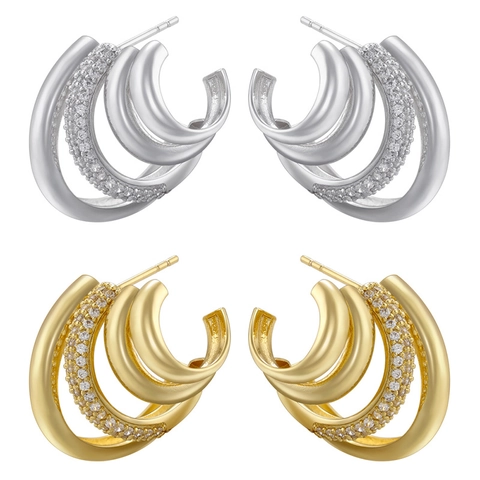 Mehrlagige C-Förmige Creolen Kupfer Mit Mikropflaster-Zirkonia Hohl Geometrischer Stil Für Damen