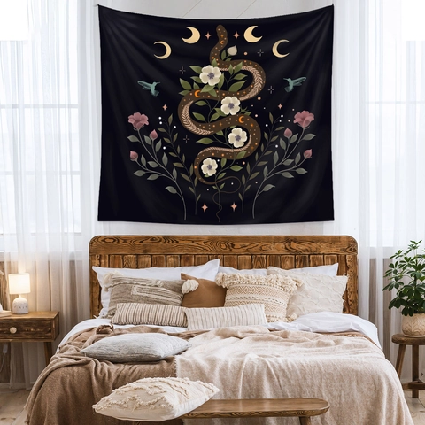 Snake Floral Moon Stars Hummingbird Pattern Bohemian Mystic Gothic Polyester Wall Hanging Tapestry Home Decor