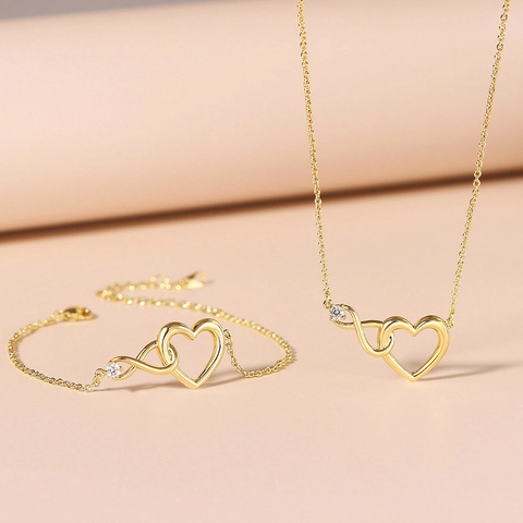 Collana E Bracciale Gioielli Con Simbolo Dell'Infinito Cuore Cavo Per Donna In Rame Intarsiato Con Zircone Placcato Oro Moda Ins