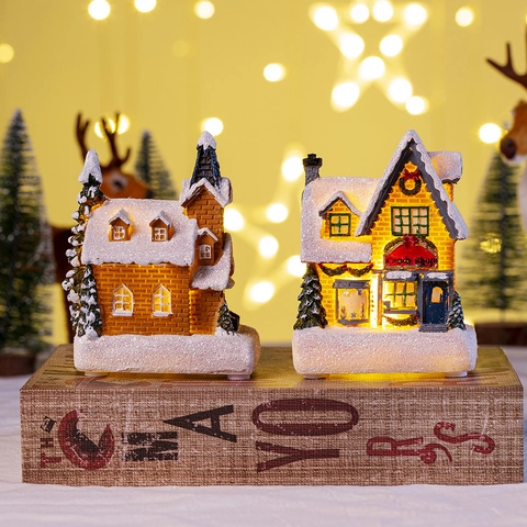 Weihnachtsminiaturhaus Ornament Harz LED Leuchtend Schnee Dorf Gebäude Desktop Deko Retro Europäischer Stil Geschenk