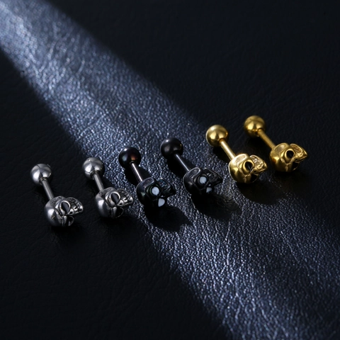 Skull Stud Earrings 316L Stainless Steel Punk Gothic Style Screw Back Small Jewelry For Men Hip Hop Streetwear Cool