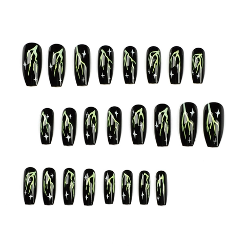 Künstliche Fingernägel Sargform Schwarz Glänzend Neon Grün Blitz Weiß Sterne Muster Punk Y2K Künstliche Nägel