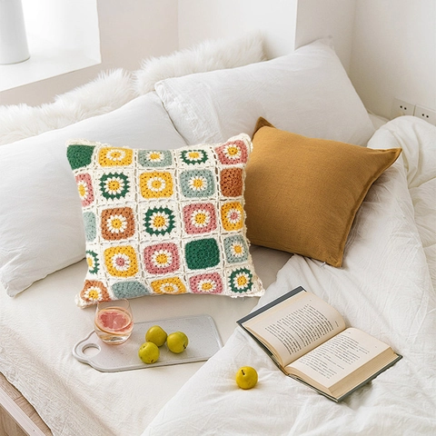 Handmade Crochet Granny Square Cotton Pillowcase Colorful Floral Cushion Cover For Sofa Bohemian Vintage Home Decor