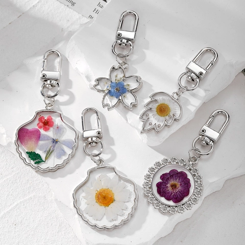 Llavero De Flores Secas Reales Resina Transparente Colgante Forma Concha Hoja Adorno De Bolso Regalo Estilo Pastoral
