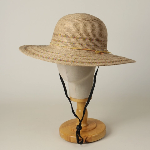 Hand Woven 100% Raffia Straw Hat For Women Wide Brim Colorful Striped Trim Summer Beach Sun Hat With Windproof Rope
