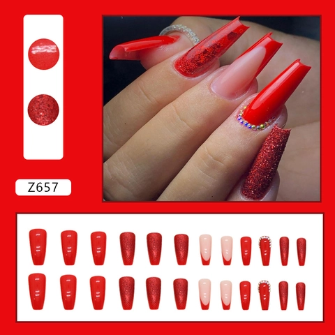 Press On Nägel Rot Glitzer Strass Französische Spitze Sargform Lange Künstliche Nägel Braut Hochzeit Party Elegant Damen