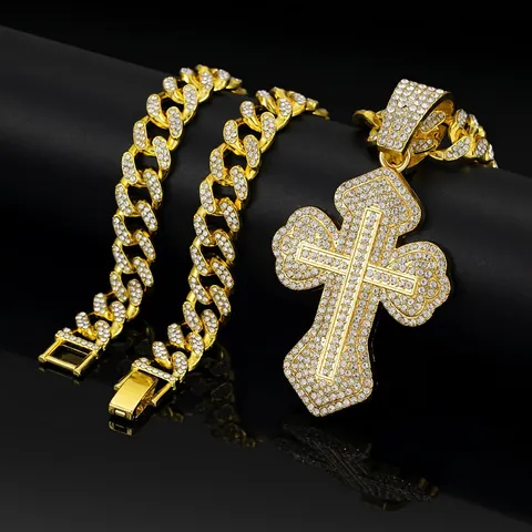 Collana Con Ciondolo A Croce Hip Hop Iced Out Bling Lega Strass Catena Cubana Gioielli Di Moda Per Uomini Donne