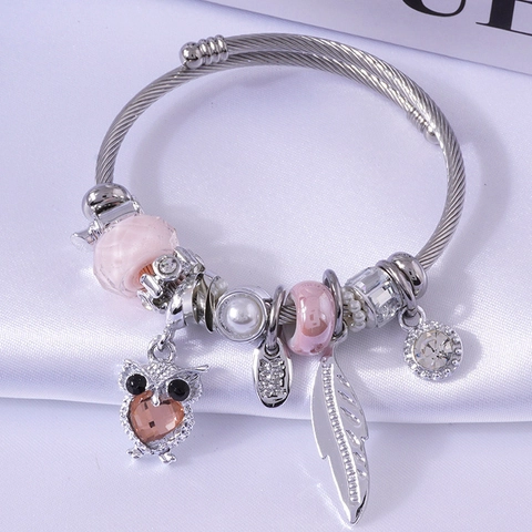 Stainless Steel Wire Beaded Charm Bracelet Owl Feather Heart Pendants Crystal Beads Open Bangle For Women Fashion