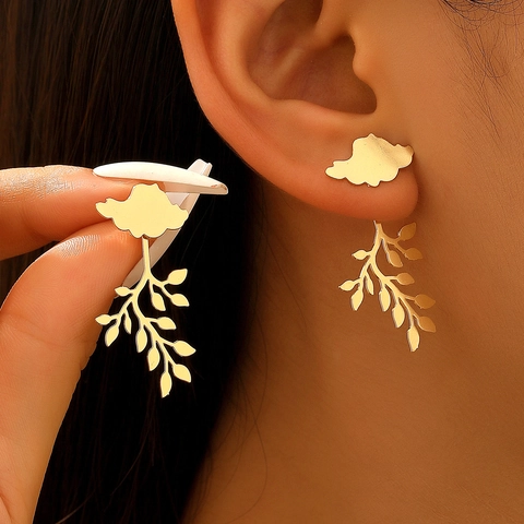 Minimalist Copper Leaf Cloud Pendant Stud Earrings With 14K Gold Earring Post For Women Elegant Jewelry Autumn Winter Accessory