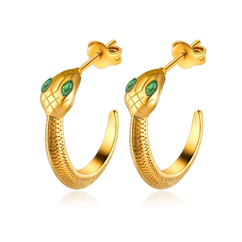 Snake Stud Earrings Stainless Steel 18K Gold Plated Green Gemstone Eyes Vintage Retro Minimalist Jewelry For Women