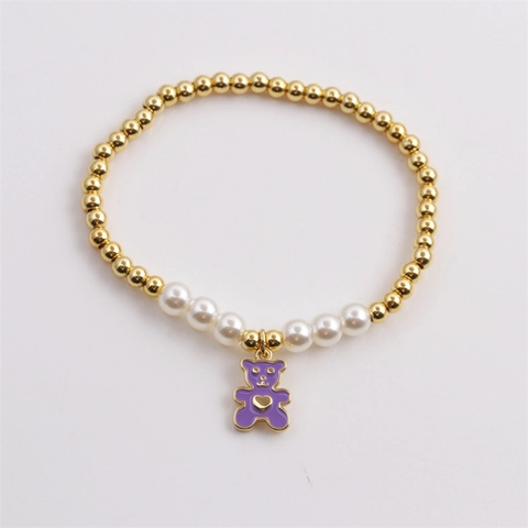 Bracciale Elastico Con Ciondolo A Orsetto Carino Perline In Rame Perla Artificial Di Imitazione Bianca Ciondolo In Smalto Cuore Gioielli Per Donne Ragazze