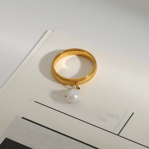Anillo Elegante Con Dije De Perla Artificial Acero Inoxidable Chapado En Oro De 18K Joyas Geométricas Minimalistas Para Mujer