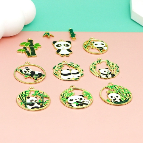 Panda Bamboo Jewelry Charms Alloy Enamel DIY Pendants For Necklace Earrings Keychain Making Cartoon Animal Style
