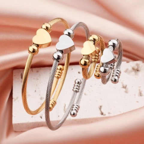 Heart Shaped Stainless Steel Twisted Cable Wire Bracelet And Open Ring Adjustable Women Jewelry Fashion