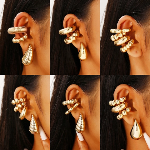 C-Shape Ear Cuffs And Stud Earrings Alloy Copper Water Drop Textured Non Pierced Clip On Jewelry For Women Fashion Minimalist Style