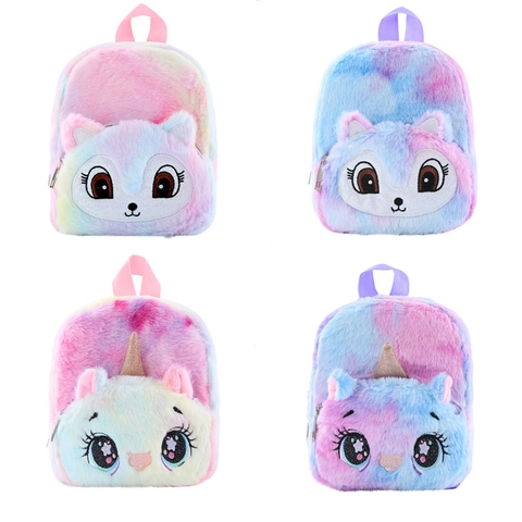 Kids Plush Backpack Soft Cartoon Unicorn Cat Fox Pattern Rainbow Gradient Lightweight Travel Bag For Girls