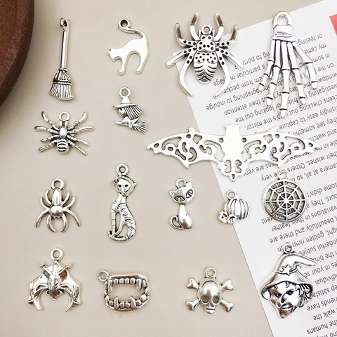 Halloween Lega Charms Mix Vintage Argento Scheletro Ragno Pipistrello Gatto Strega Zucca Per Creazione Gioielli Fai Da Te