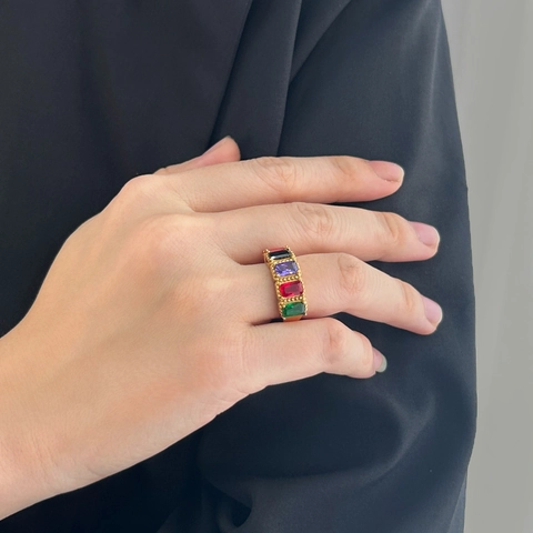 Vintage Baguette Zircon Ring Stainless Steel Gold Plated Milgrain Edge Rectangle Colorful Stone Jewelry For Women
