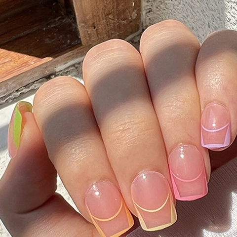 French Style Colorful Geometric Press On Nails Short Square Macaron Candy Colors Artificial Finger Nails Women Girls