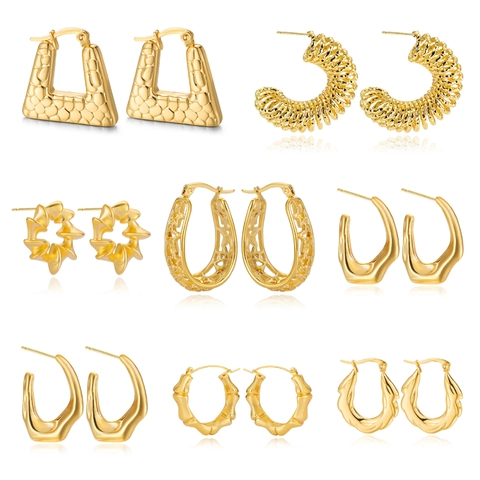 Pendientes De Aro De Acero Inoxidable Geométricos Torcidos Huecos Estrella Bambú Textura Metal Líquido Joyería Minimalista Para Mujeres
