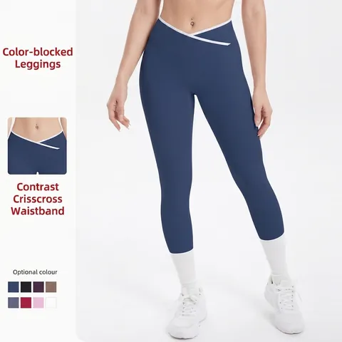 Damen Yoga Hose Hohe Taille Kreuzbund Kontrasttrim Nacktes Gefühl Po Lifting Bauchweg Fitness Leggings Nylon Spandex