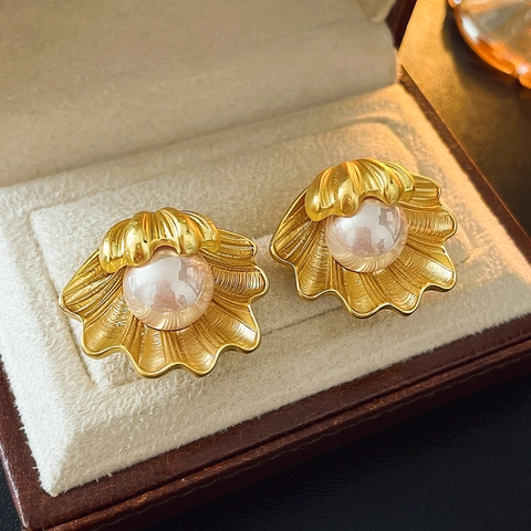 Pendientes De Botón De Concha Vintage Con Perla Artificial De Imitación Y Poste De Plata De Ley 925 Joyería Elegante Con Textura Dorada Para Mujer