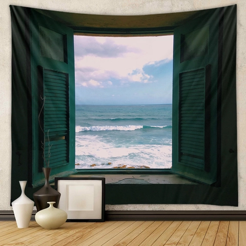 Landscape Wall Tapestry Polyester Fabric Window Sea Starry Night Printed Hanging Background Cloth For Bedroom Home Decor