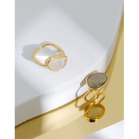 Anillo Abierto Ajustable Plata De Ley 925 Piedra De Luna Cristal Piedra Natural Irregular Estilo Minimalista INS Mujeres