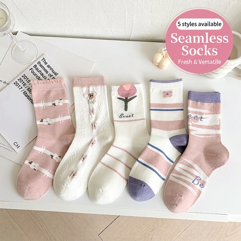 Damen Crew Socken Baumwolle Nahtlose Zehen Tulpe Blumen Süße Buchstaben Atmungsaktiv Alltag Mode