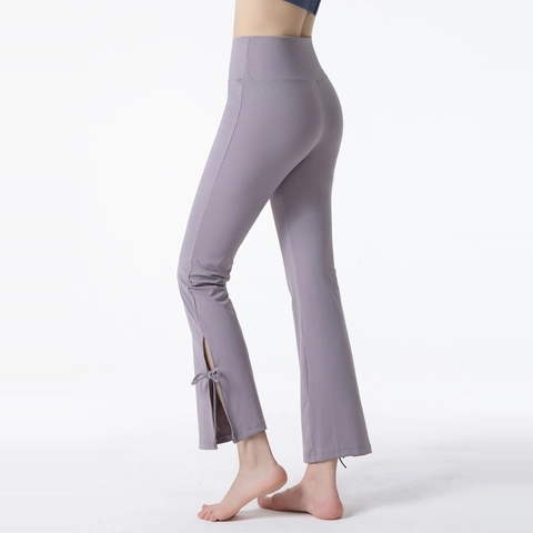 Yoga Flare Pants Women High Crossover Waist Split Hem Bow Tie Athletic Trousers Slim Fit Fitness Gym Sports