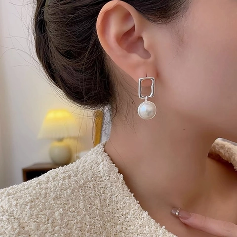 925 Sterlingsilber Geometrische Künstliche Perle Ohrhänger Für Damen Minimalistischer Silbertone Hängende Modeschmuck