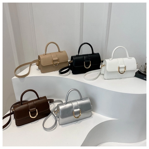 Women PU Leather Small Square Handbag Versatile Crossbody Shoulder Bag With Gold D Metal Buckle Elegant Flap Closure