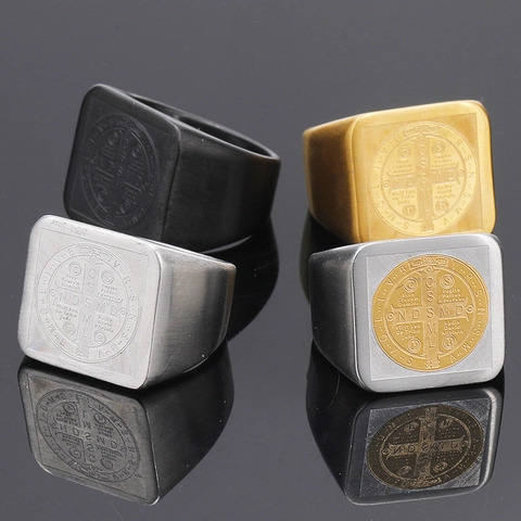 Men Vintage Saint Benedict Medal Signet Ring Titanium Steel Religious Cross Exorcism Ring Black Gold Silver Tone Jewelry
