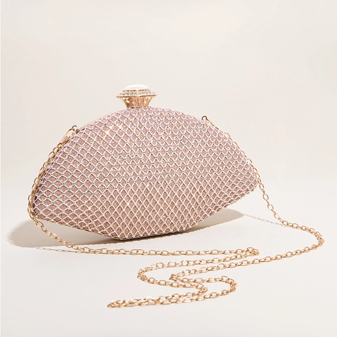 Rhinestone Mesh Abendtasche Clutch Für Damen Muschelform Handtasche Mit Metallgriff Künstliche Perlenverschluss Und Abnehmbarer Kette