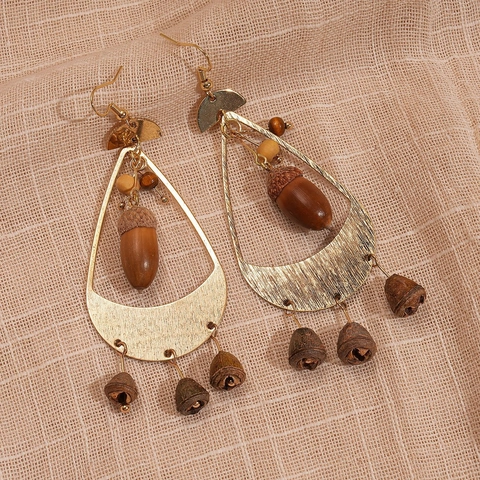 Women Retro Bohemian Dangle Earrings Hollow Teardrop Alloy Wood Acorn Nut Jewelry