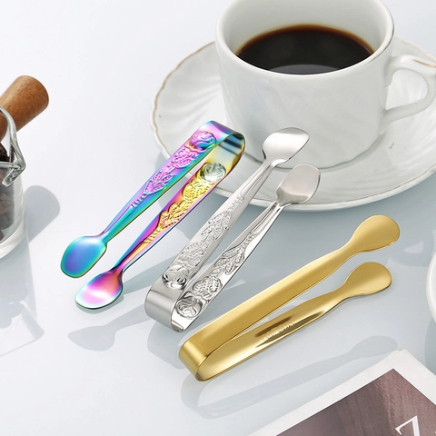 Sugar Tongs 304 Stainless Steel Rose Flower Relief Mini Ice Tongs For Coffee Tea Dessert Kitchen Tool