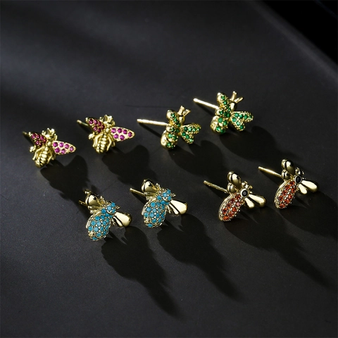 Insect Stud Earrings Copper Gold Plated Zircon Bee Dragonfly Beetle Spider Animal Jewelry For Women Girl Personality