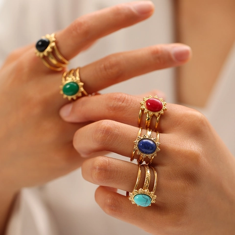 Vintage Open Ring Stainless Steel Vacuum Gold Plated Natural Stone Bohemian Adjustable Jewelry For Women