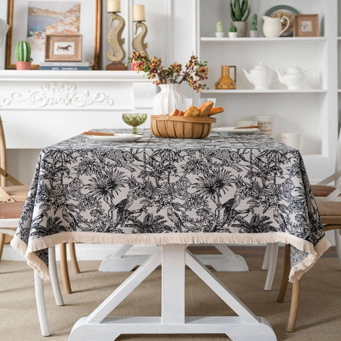 Vintage Amerikaanse Toile De Jouy Tafelkleed Met Franjes Tropische Jungle Dierenpatroon Polyester Katoen Rechthoekige Tafelhoes