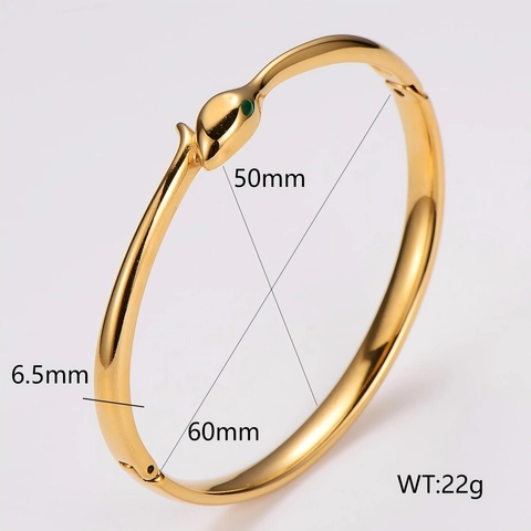 Snake Head Open Cuff Bangle 304 Stainless Steel 18K Gold Plated With Green Enamel Eyes High Polish Jewelry For Women