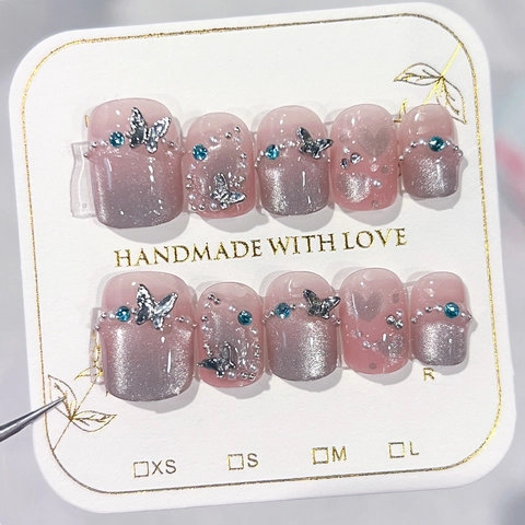 Uñas Postizas Hechas A Mano Degradado Ojo De Gato Rosa Con Decoración Mariposa De Metal Dimensional Diamantes Imitación Perla Artificial
